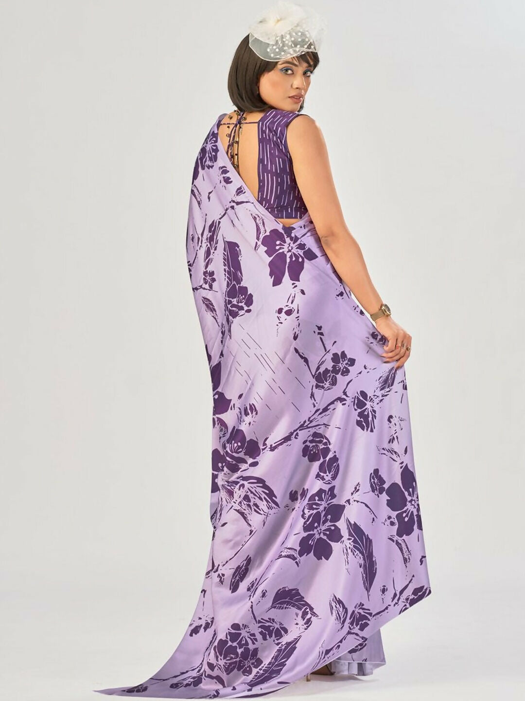 Vastranavya Lavender Satin Silk Elegant Printed Saree with Unstitched Blouse | Grocsy