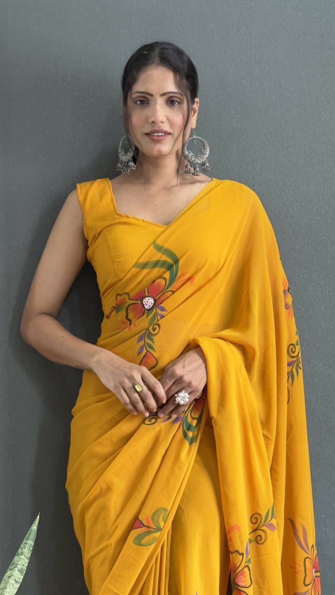 Aayaa Designer 1 min Hand Painted Ready to Wear saree - Mustard Yellow | Grocsy
