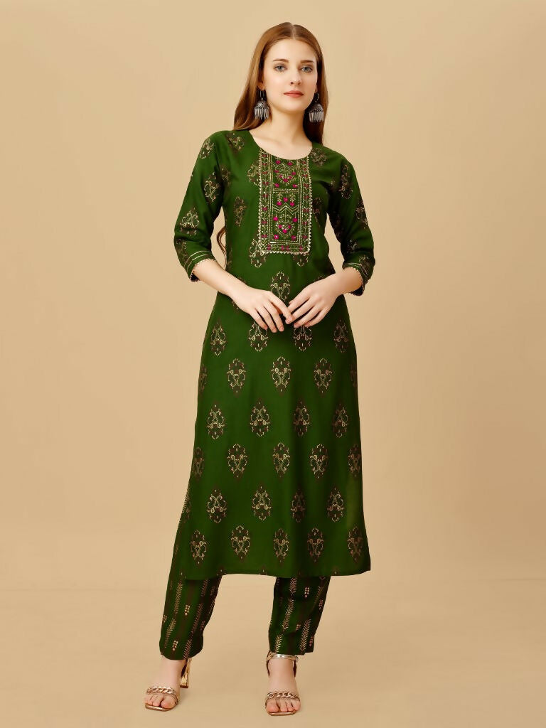 Jyoti Fashion Women's Green Viscose Rayon Embroidered Kurta Pant Set | Grocsy