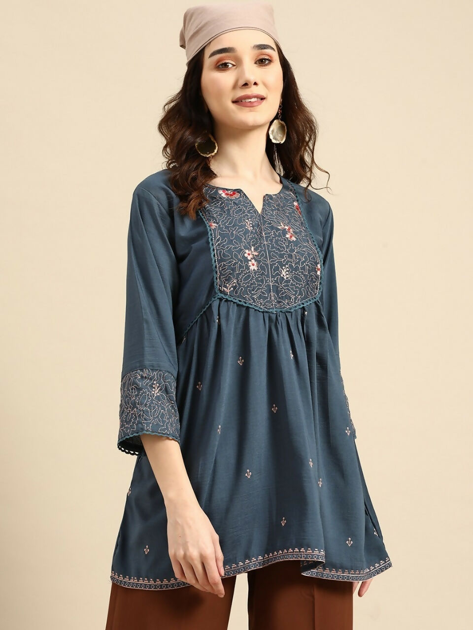 Women's Turquoise Blue Viscose blend Embroidered Short Top - Marina | Grocsy