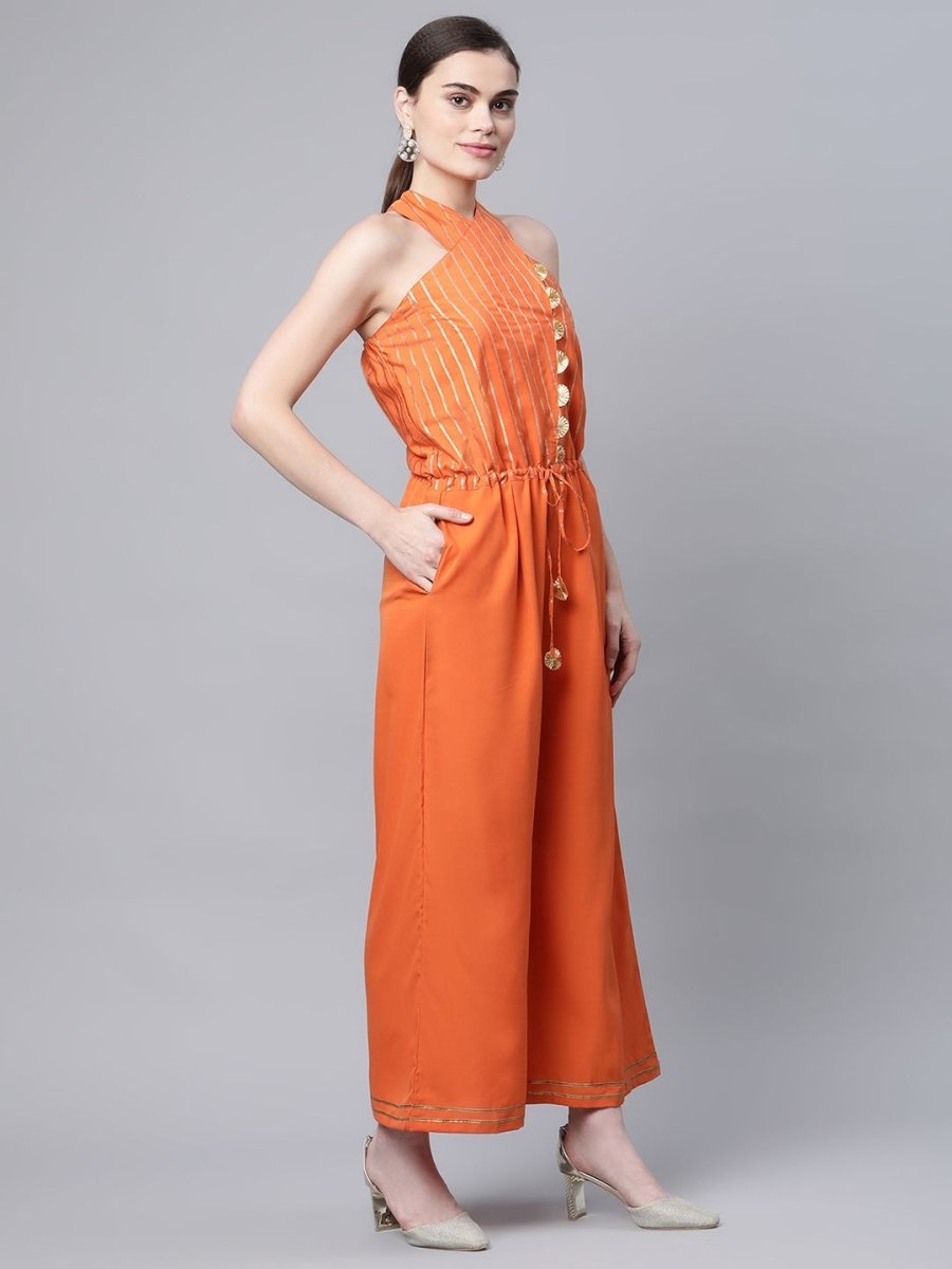 Ahalyaa Womens Orange Crepe Gold Stripped Print Jumpsuit | Grocsy