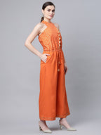 Ahalyaa Womens Orange Crepe Gold Stripped Print Jumpsuit | Grocsy