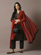 Myshka Women's Black Printed Cotton Straight Party Kurta Set With Dupatta | Grocsy