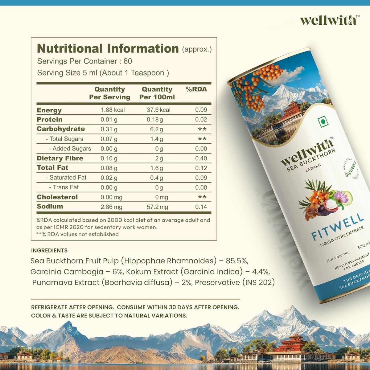 Wellwith Fitwell Juice – Himalayan Sea Buckthorn + Garcinia, Kokum & Punarnava | Grocsy