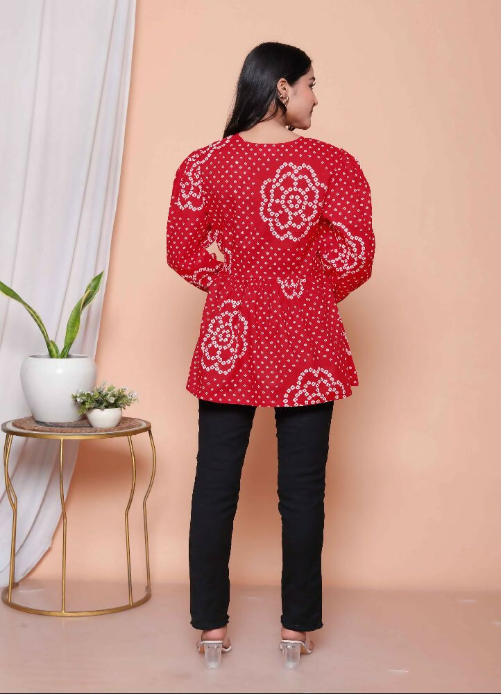 Miravan Womens Red Bandhani Printed Cotton Butterfly Design Top | Grocsy
