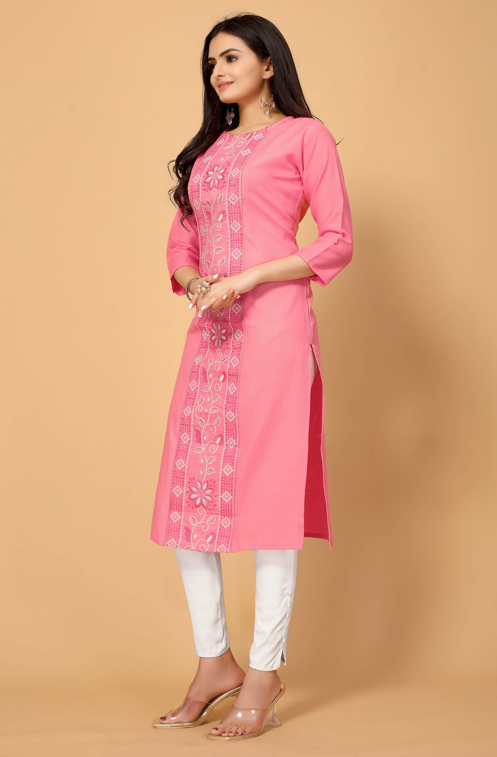 Light Pink Cottan Slub Embroidery Kurti - Umi | Grocsy
