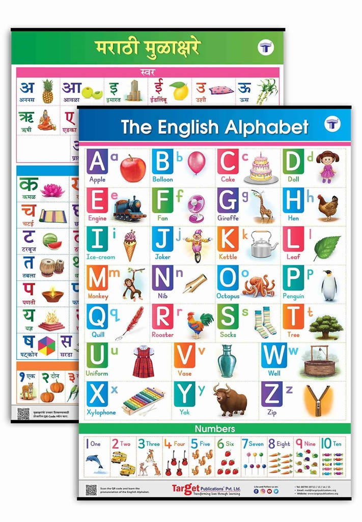 Jumbo Set of 2 Early Learning Charts contains Alphabets & Numbers in English & Marathi for kids | Grocsy