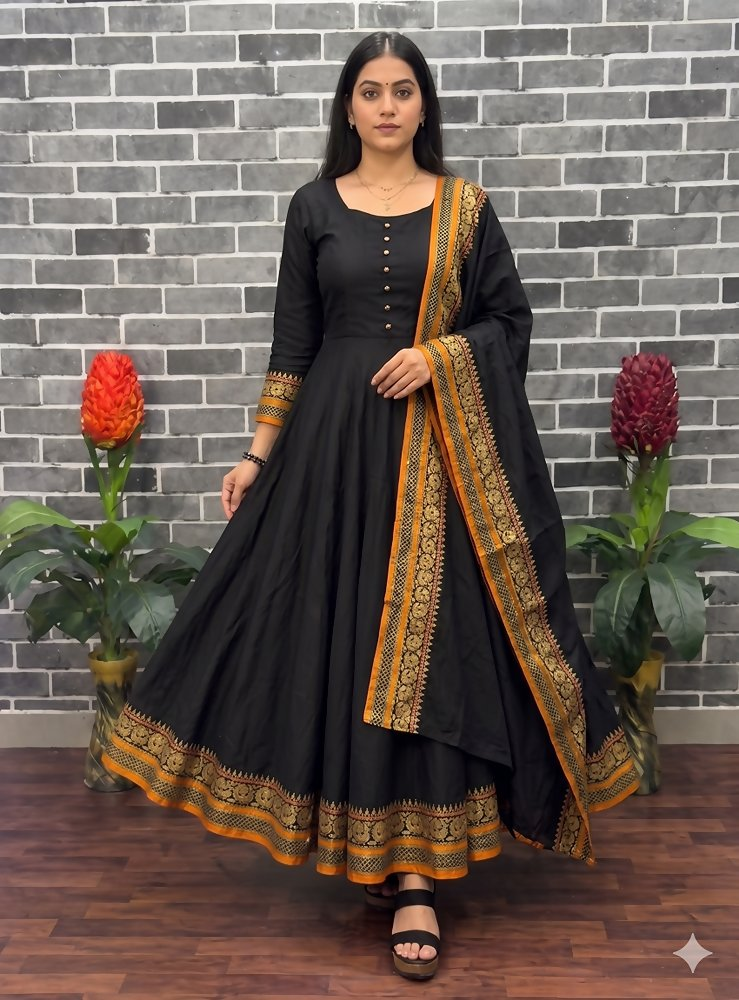 Teeya Creation New Trendy Stylish Black Solid Anarkali Kurta with Traditional Golden Border Dupatta Set | Grocsy