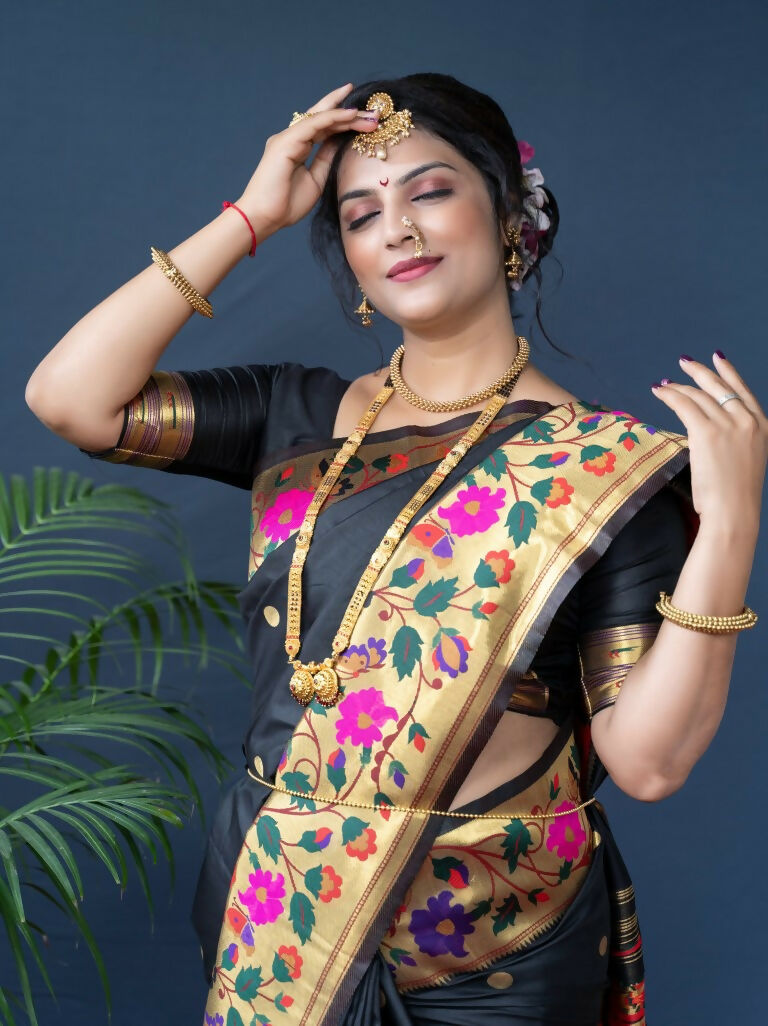 Jyoti Fashion Women's Black Paithani Silk Zari Woven Saree with Blouse | Grocsy