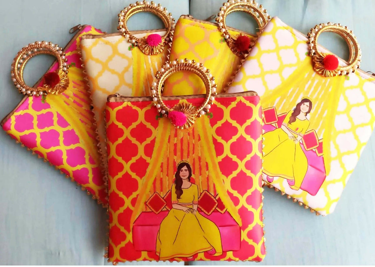Joban Fashion Bride'S Haldi Wedding Ceremony Print Gift Bags For Wedding & Pooja Ceremony ( Pack Of 5 ) - Multicolor | Grocsy