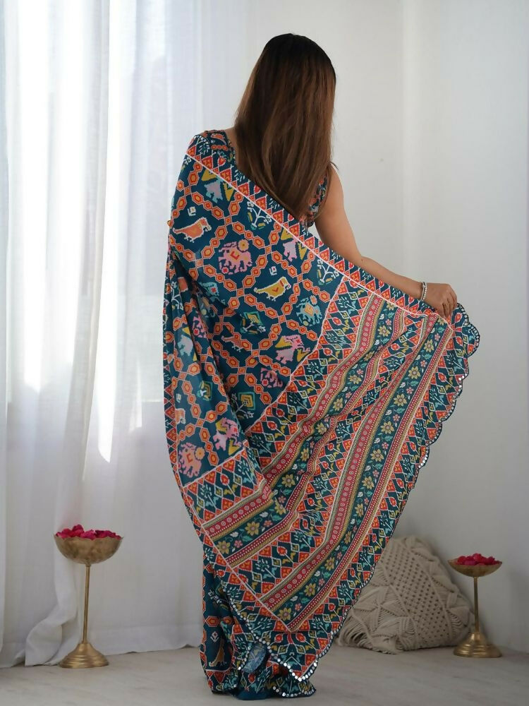 PR Fashion Dark Blue Georgette Digital Print With Mirror Work Saree | Grocsy