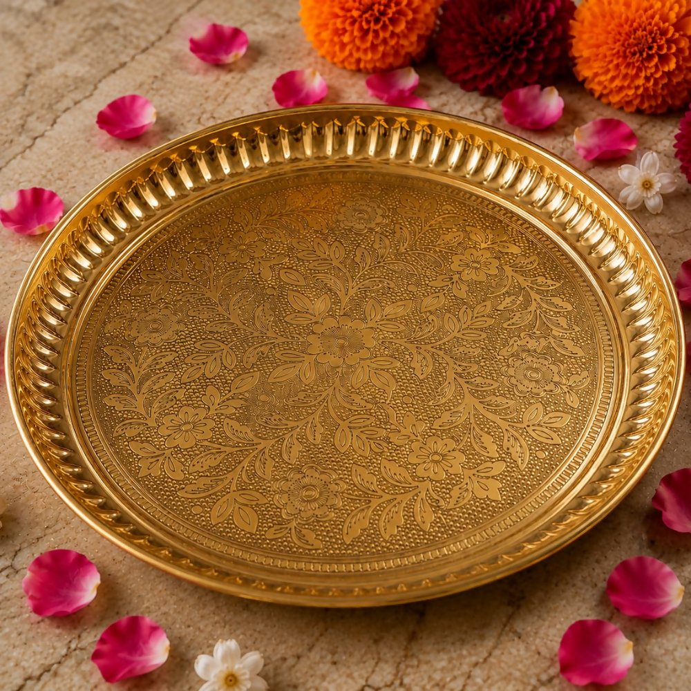 Pure Source India Handmade Flower Embossed Design Brass Puja Thali | Grocsy