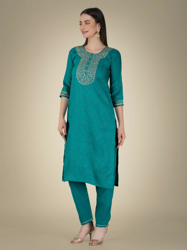 Jyoti Fashion Women's Rama Cotton Magic Slub Embroidery & Sequence work Kurta with Trouser & Dupatta | Grocsy