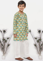 Little Bansi Boys Cotton Bird Print Kurta with Pearl Buttons & Pyjama -Blue & Cream | Grocsy