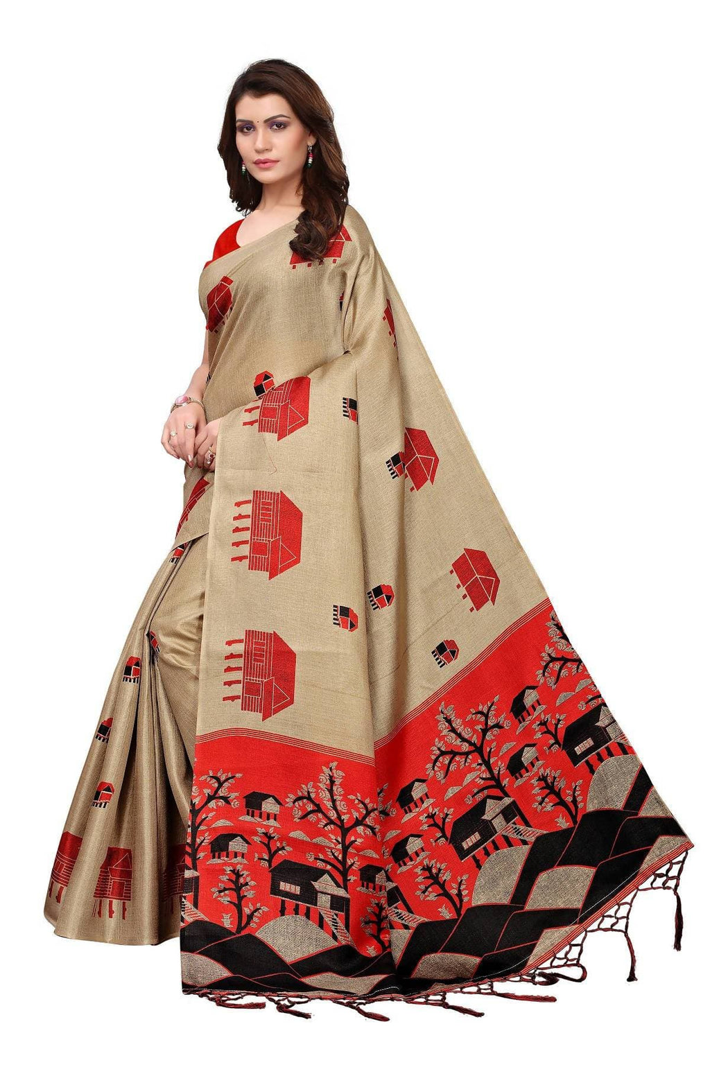 Vamika Traditional Chiku & Red Kalamkari With Jhalar Khadi Silk Saree | Grocsy