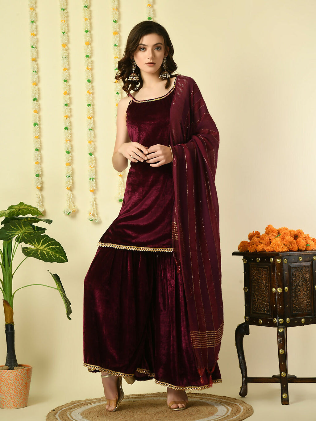 Myshka Women's Magenta Velvet Kurti & Sharara With Dupatta Party Sets | Grocsy