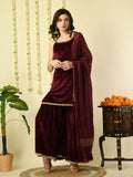 Myshka Women's Magenta Velvet Kurti & Sharara With Dupatta Party Sets | Grocsy