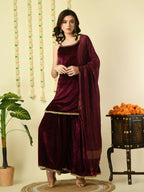 Myshka Women's Magenta Velvet Kurti & Sharara With Dupatta Party Sets | Grocsy