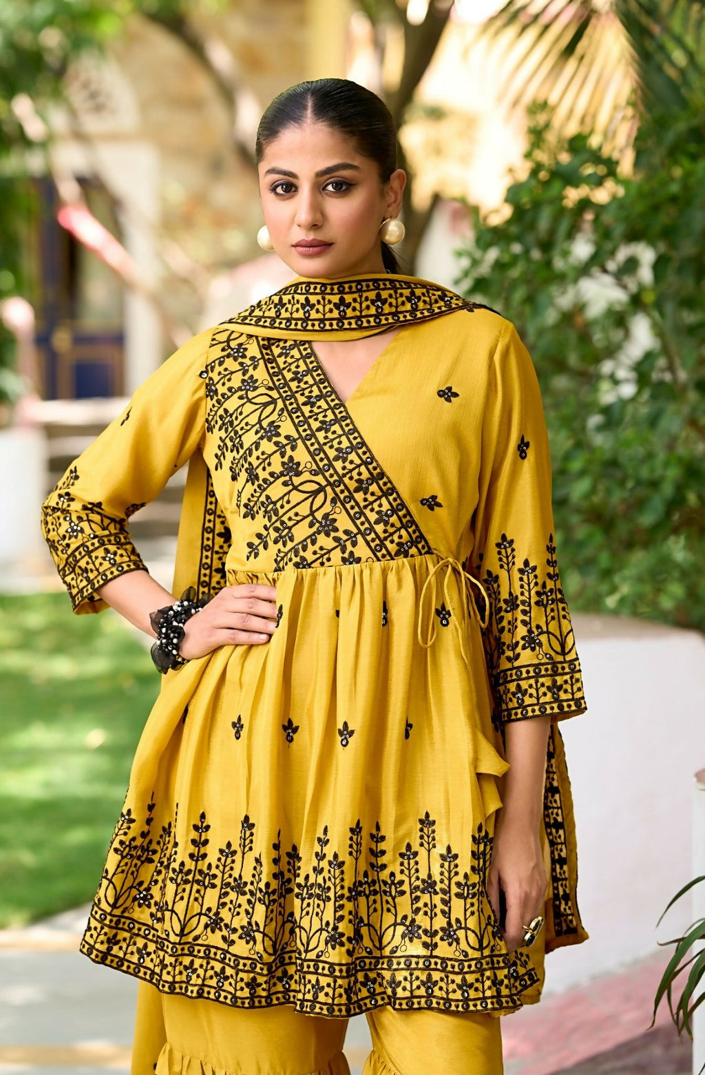 Anaita Yellow Chinon Readymade Sharara Suit with Embroidery Work | Grocsy
