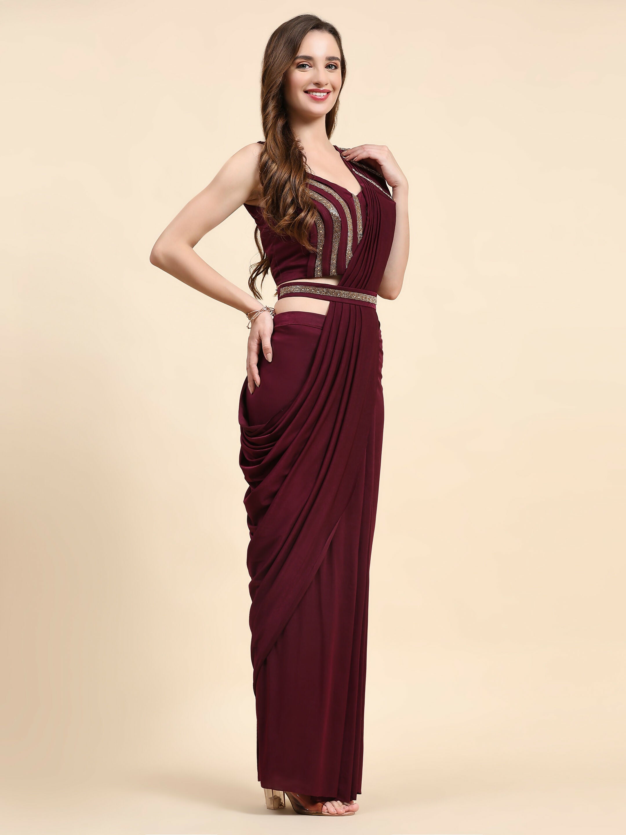 Maroon Polyester Solid Ready to Wear Saree with stitched Blouse - Nita | Grocsy