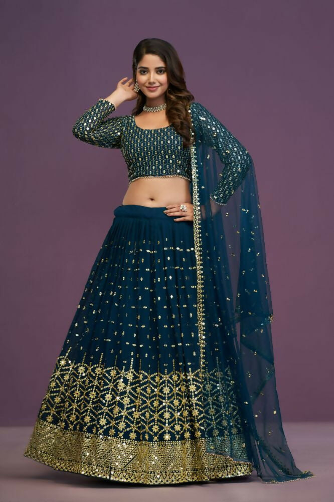 Blue Georgette Embroidery Sequence Work Lehenga Choli Set - Jihu Culture | Grocsy