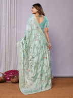 Blue Satin Silk Embroidered Saree With Stitched Blouse - Nimaya Kaksha | Grocsy