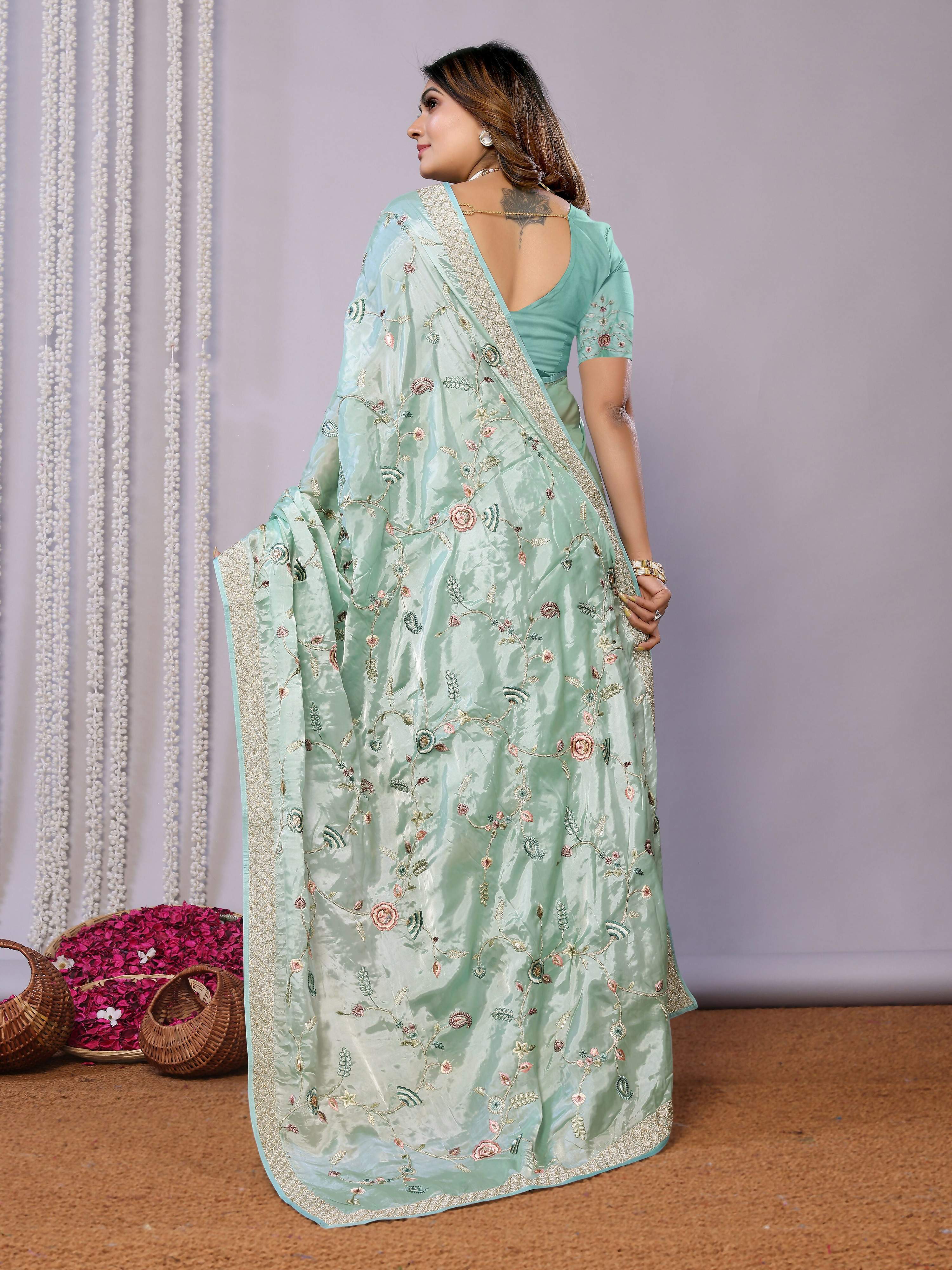 Blue Satin Silk Embroidered Saree With Stitched Blouse - Nimaya Kaksha | Grocsy