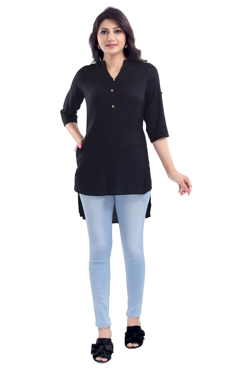 Snehal Creations Beauteous Black Button Down Styled Rayon Kurti For Women | Grocsy
