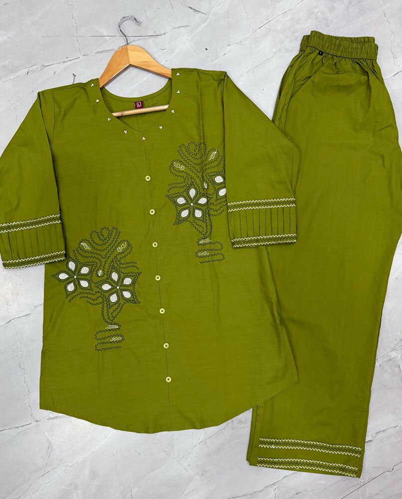 Teeya Creation Olive Green Embroidered Cotton Co-ord Set for Women | Grocsy