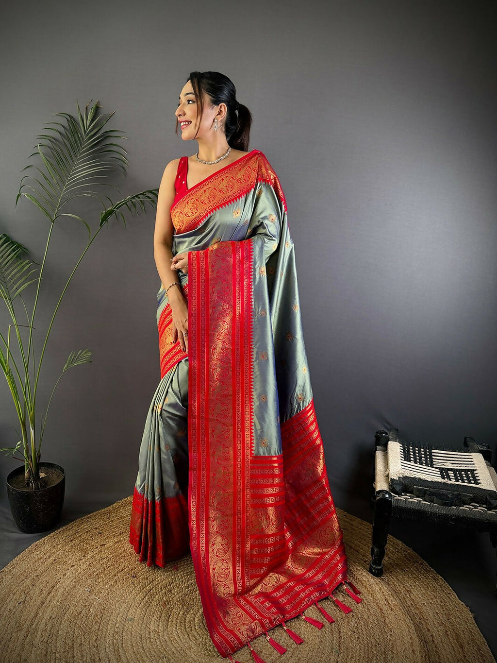Joban Fashion Banarasi Grey Woven Soft Silk Saree | Grocsy