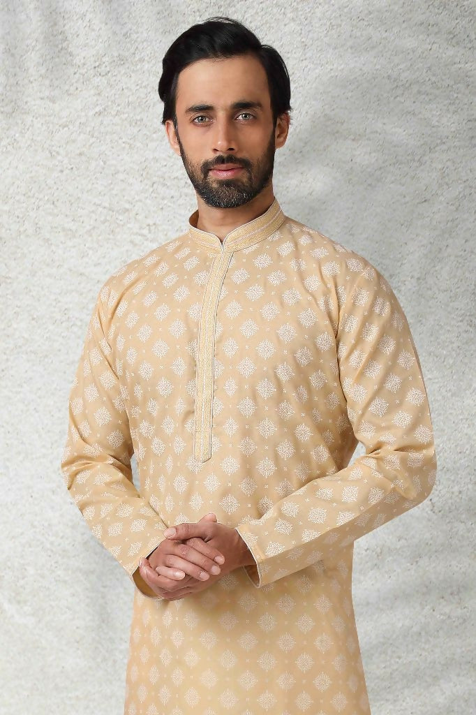 Raivat Ethnic Cotton Printed Work Kurta Pajama In Beige Colour | Grocsy