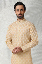 Raivat Ethnic Cotton Printed Work Kurta Pajama In Beige Colour | Grocsy