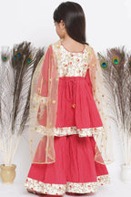 Little Bansi Floral Embroidery Jacket With Cotton Kantha Frock Sharara And Dupatta With Ghungroo Handwork - Red | Grocsy