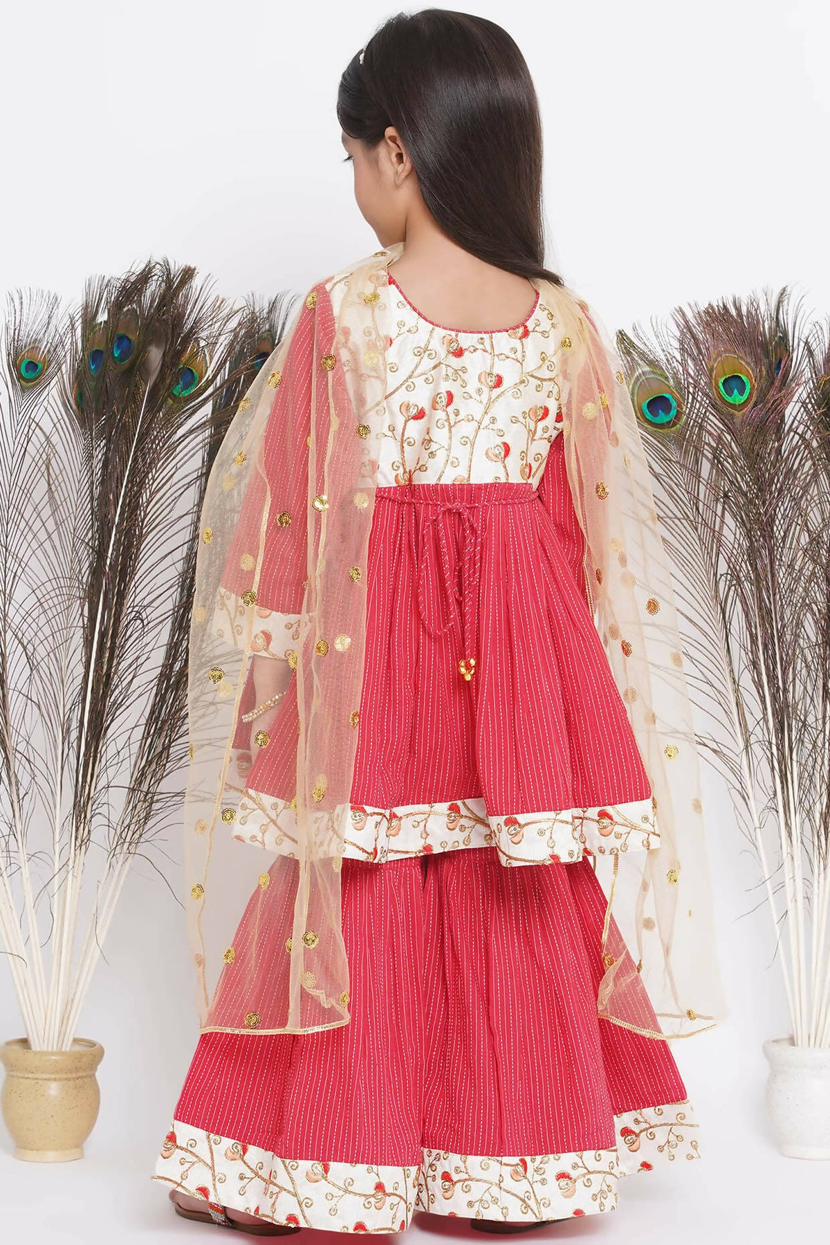 Little Bansi Floral Embroidery Jacket With Cotton Kantha Frock Sharara And Dupatta With Ghungroo Handwork - Red | Grocsy