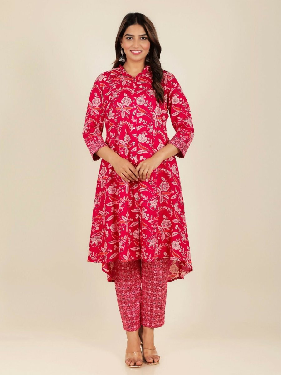 Aramya Red Soft Cotton Floral Print High Low Kurta Pant Set for Women | Grocsy
