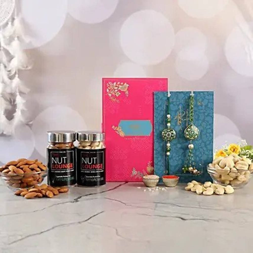Bhaiya Bhabhi Meenakari Rakhi Set And Dry Fruits | Grocsy