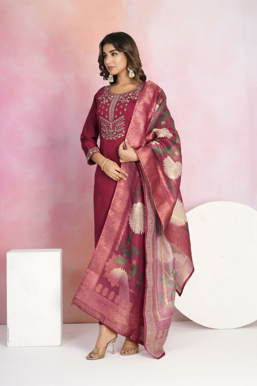 Ethnic Festive Wear Viscose Chanderi Maroon Stitched Suit With Dupatta - Tanisha | Grocsy