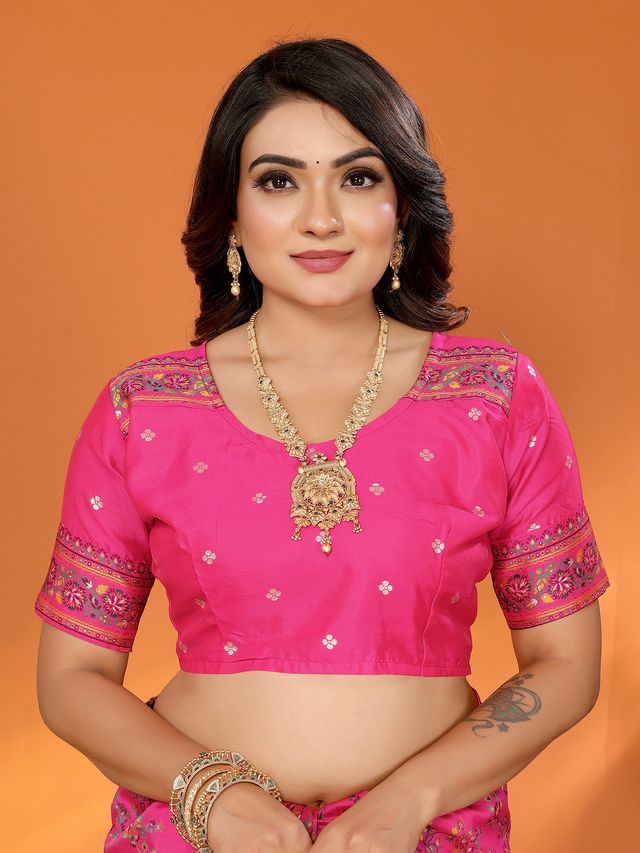 Elora Rani Pink Pashmina Silk Meenakari Weaving Madhubani Design Kashmiri Saree | Grocsy