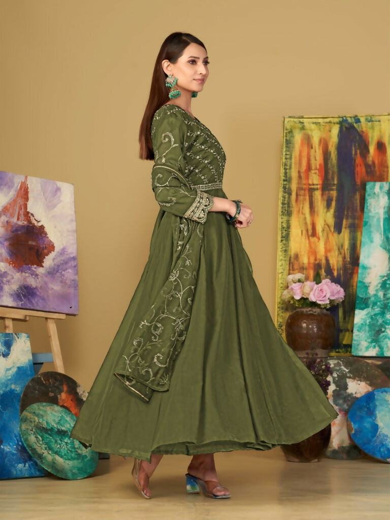 Jyoti Fashion Women's Olive Green Georgette Embroidered Anarkali Kurta Pant Set With Dupatta | Grocsy
