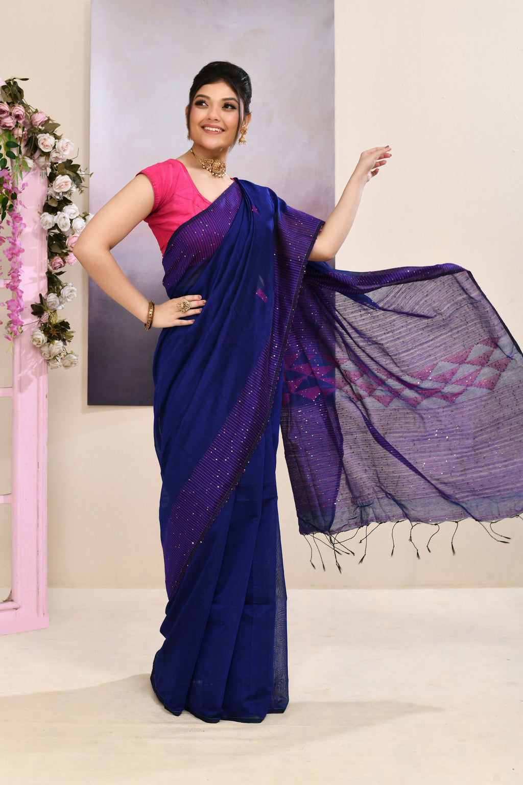 Piyari Fashion Women's Blue Sequins Embellished Cotton Blend Jamdani Saree | Grocsy