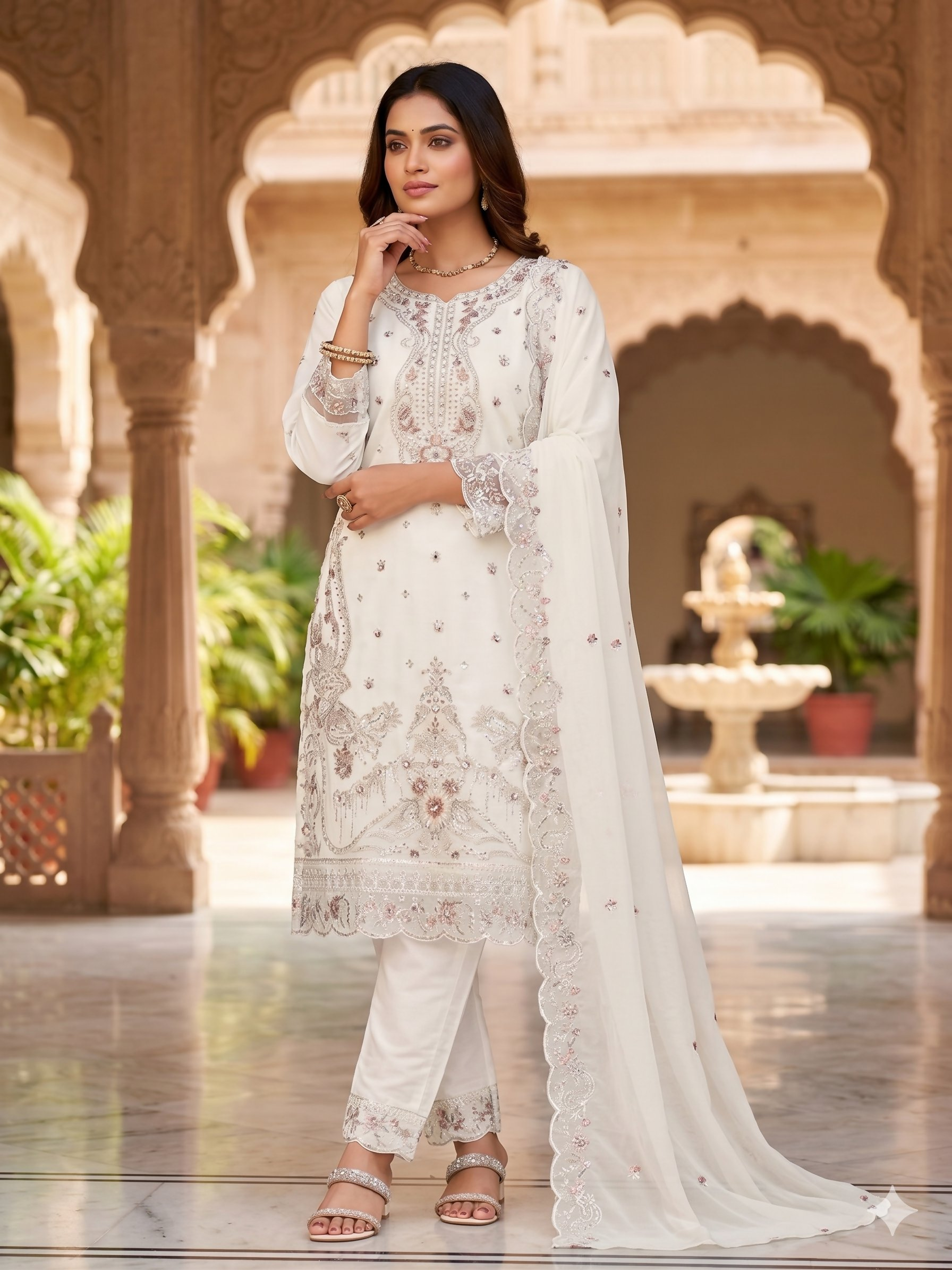 Teeya Creation Womens New Trendy Silk With Heavy Embroiedery With Sequence Work White Kurta Set | Grocsy