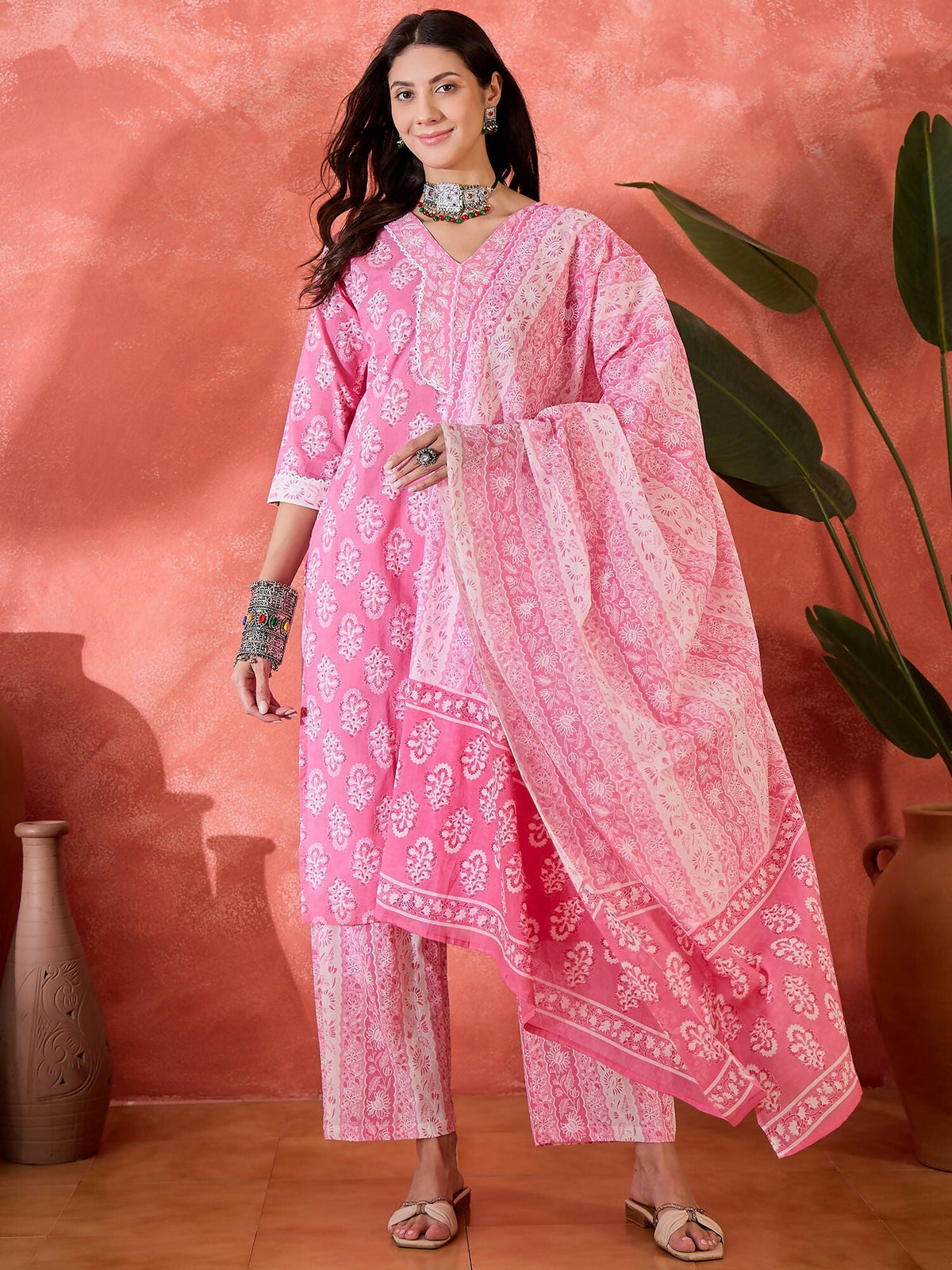 Joban Fashion Printed Pink Pure Cotton Kurta Set | Grocsy