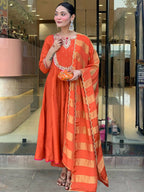 The52 Rust Women's Gorgeous Embroidered Work Chanderi Fabric Flared Kurta Pant and Dupatta Set | Grocsy