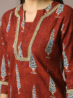 Myshka Women's Rust Printed Cotton Straight Party Kurta Set | Grocsy