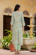 Kaajh Women's Green Modal Silk Printed Kurta Pant Set With Dupatta | Grocsy