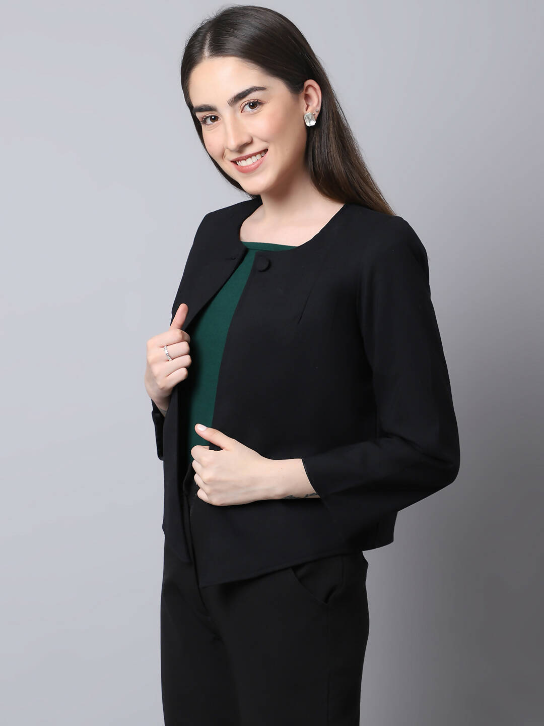 Even Apparels Black Polywool Open Front Statement Women's Jacket | Grocsy