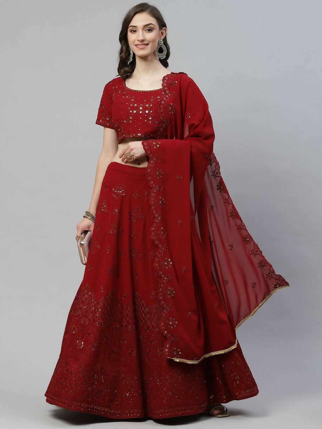 Maroon Georgette Thread with Sequins Embroidered work Lehenga Choli with Dupatta - Jivika | Grocsy
