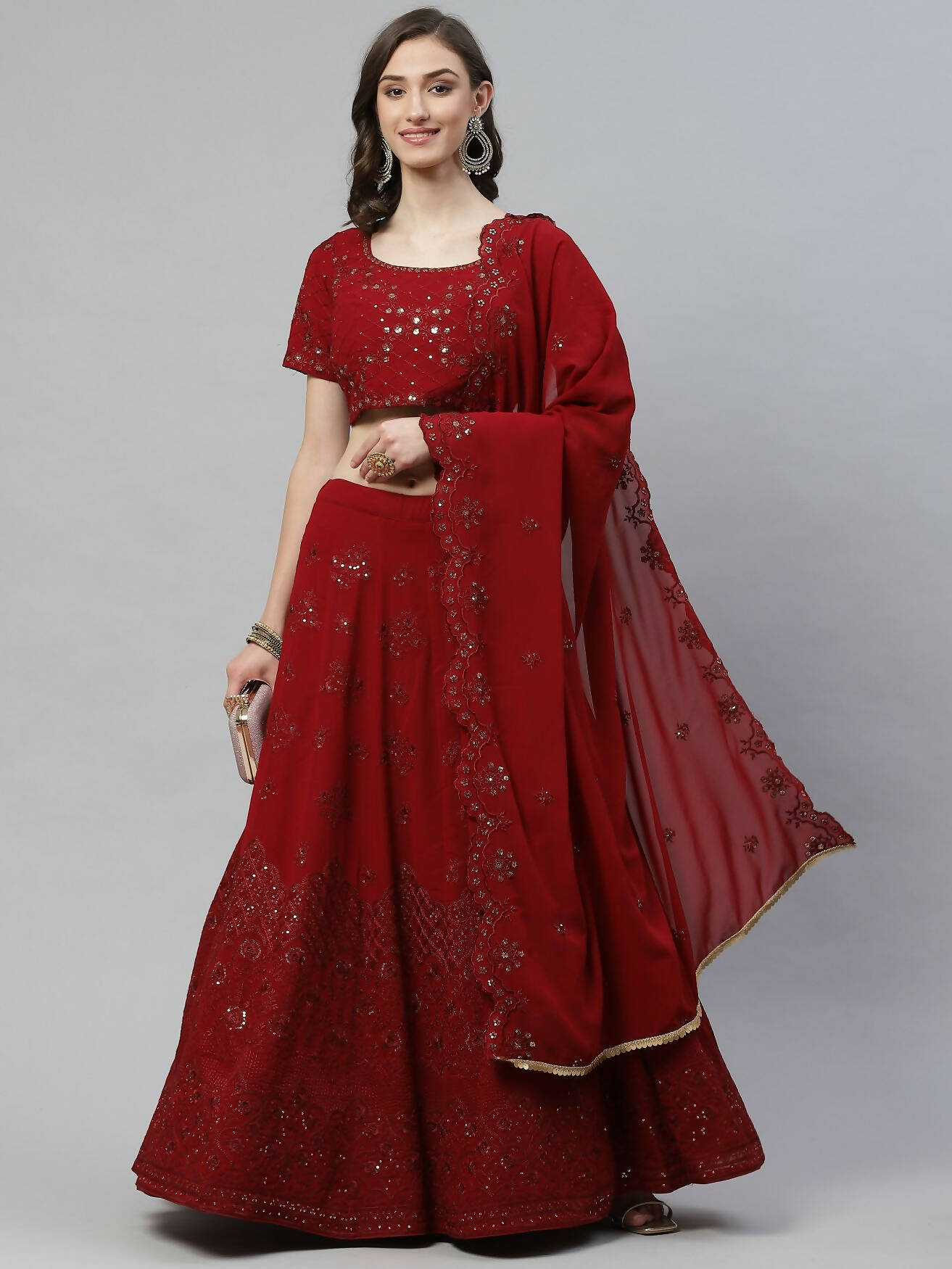 Maroon Georgette Thread with Sequins Embroidered work Lehenga Choli with Dupatta - Jivika | Grocsy