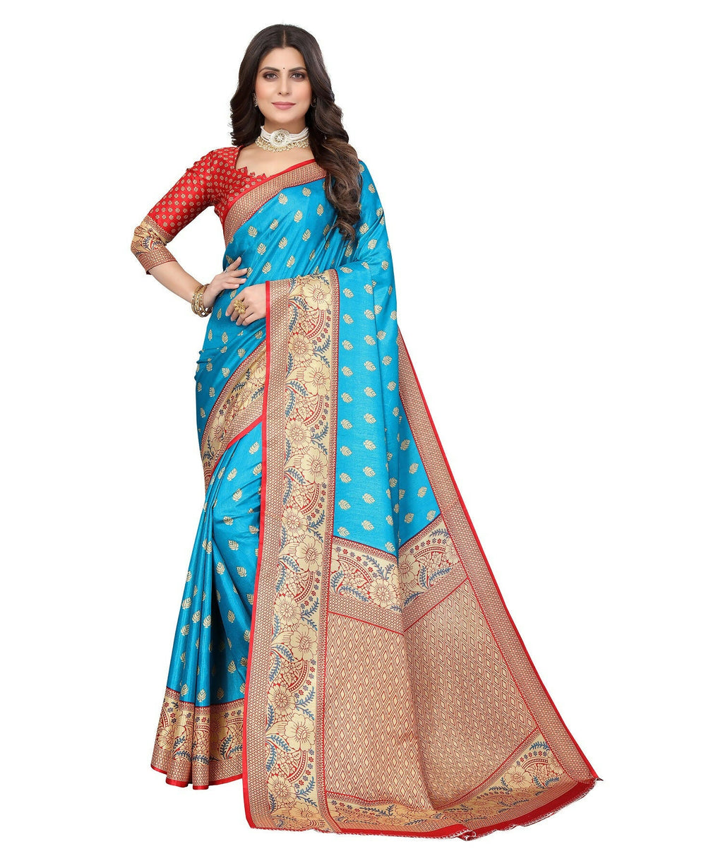Vamika Blue Printed Art Silk Saree | Grocsy