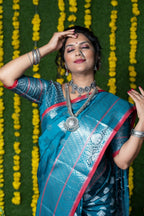 Jyoti Fashion Women's Teal Soft Handloom Silk Zari Woven Saree with Blouse | Grocsy